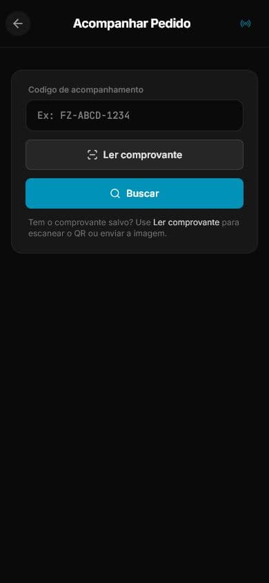 Tela mobile para acompanhar pedido por código ou comprovante