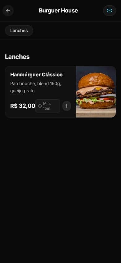 Cardápio mobile da loja com produto, preço e tempo de preparo